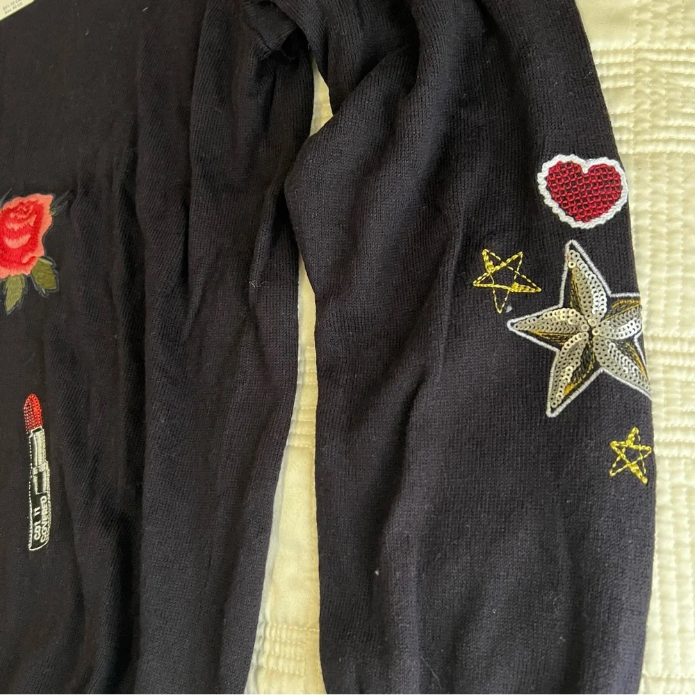 Torrid Black Crew Neck Sweater with Colorful Patches - Picture 4 of 7